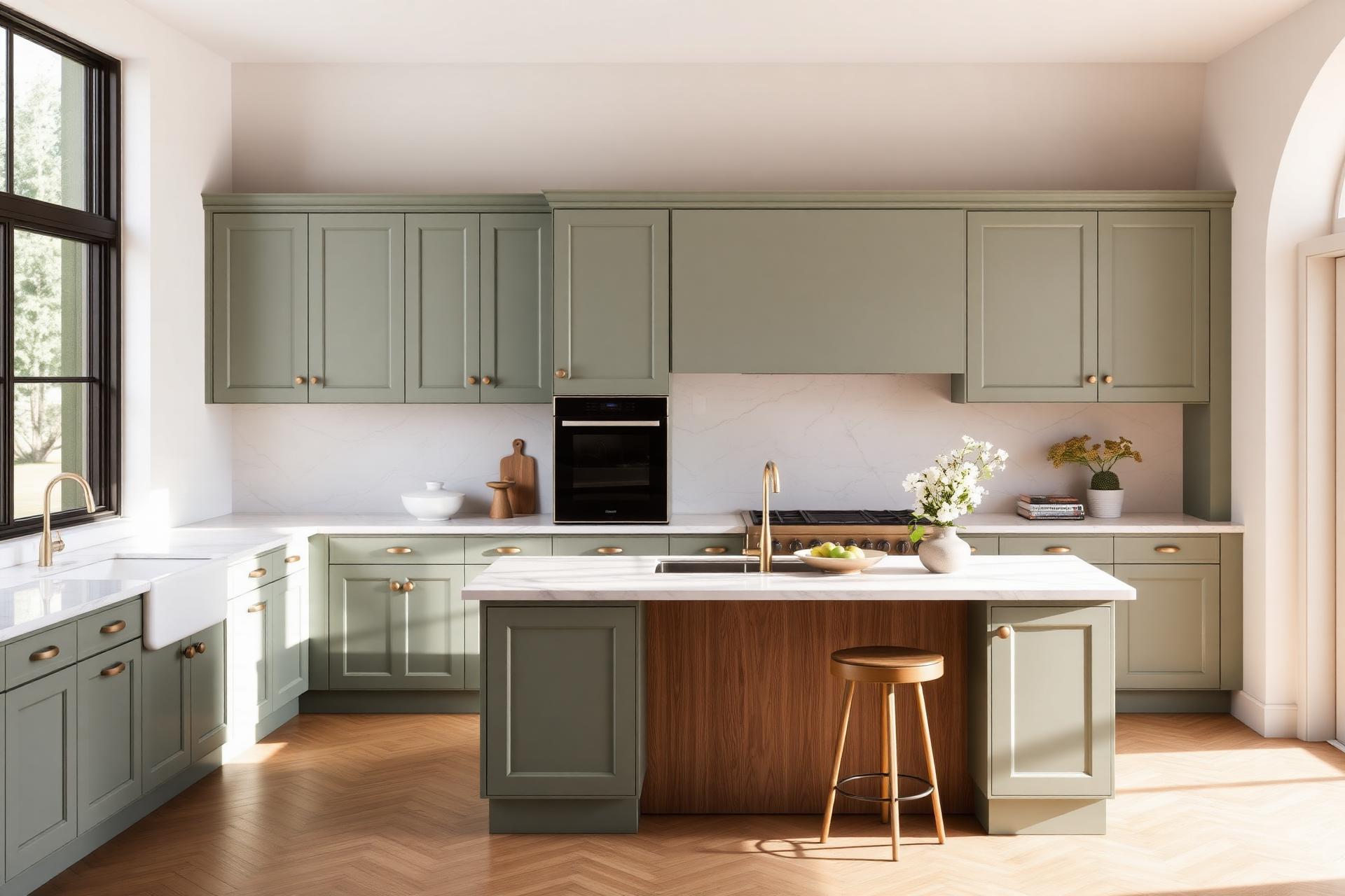 Modern kitchen with sage green shaker cabinets and marble island